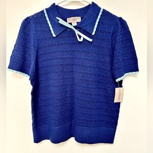 Forward Women’s Short Sleeve Crocheted Collared Sweater Blue Size Large NWT